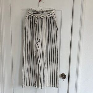 MINE Striped Cotton High Rise Paper Bag Waist Tie Wide Leg Cropped Pants
